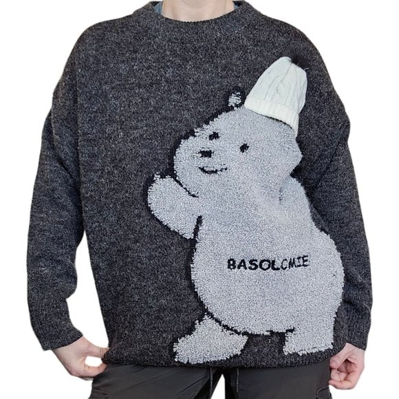 Mens Harajuku Oversize Gray Teddy Bear Sweater Dark Gray Small Wool Mohair Blend - Picture 14 of 14